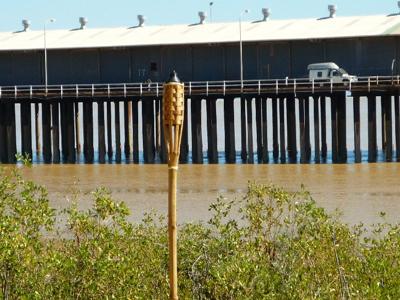 Muddy jetty, low tide.